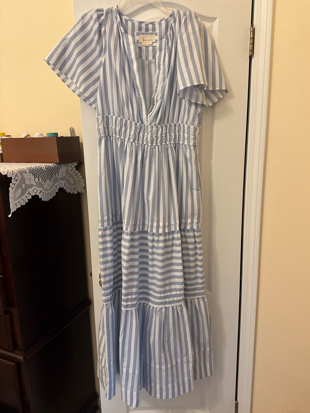 Anthropologie L Somerset Blue White Striped Tiered Cotton Maxi Dress - Picture 3 of 3